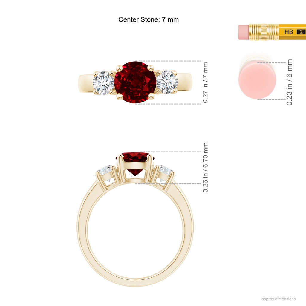 7mm AAAA Classic Ruby and Diamond Three Stone Engagement Ring in Yellow Gold ruler