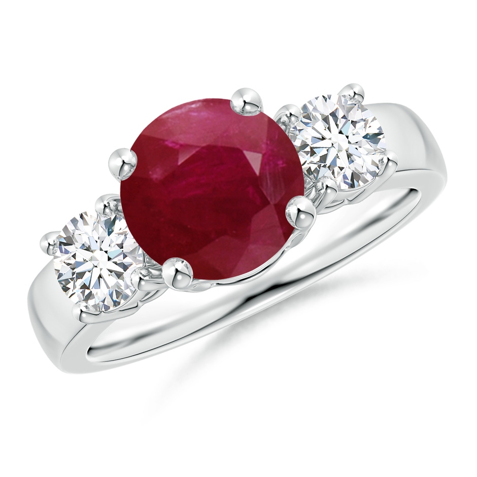 8mm A Classic Ruby and Diamond Three Stone Engagement Ring in White Gold 