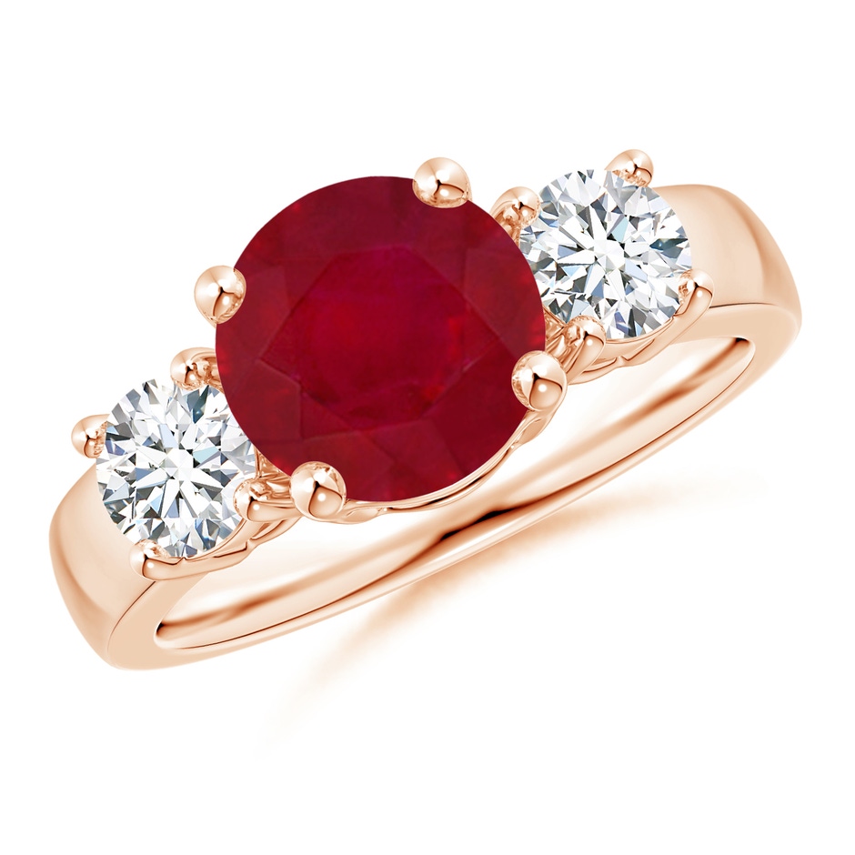 8mm AA Classic Ruby and Diamond Three Stone Engagement Ring in Rose Gold 