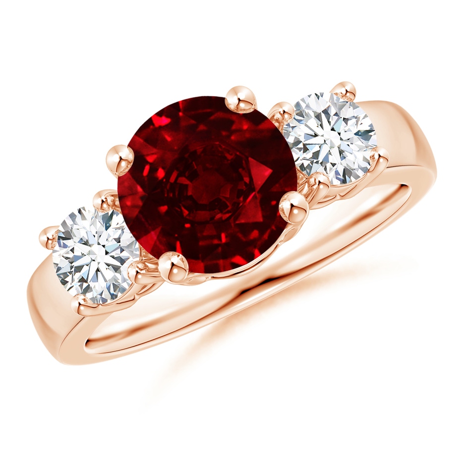 8mm AAAA Classic Ruby and Diamond Three Stone Engagement Ring in 9K Rose Gold 