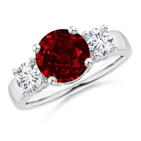 8mm AAAA Classic Ruby and Diamond Three Stone Engagement Ring in White Gold