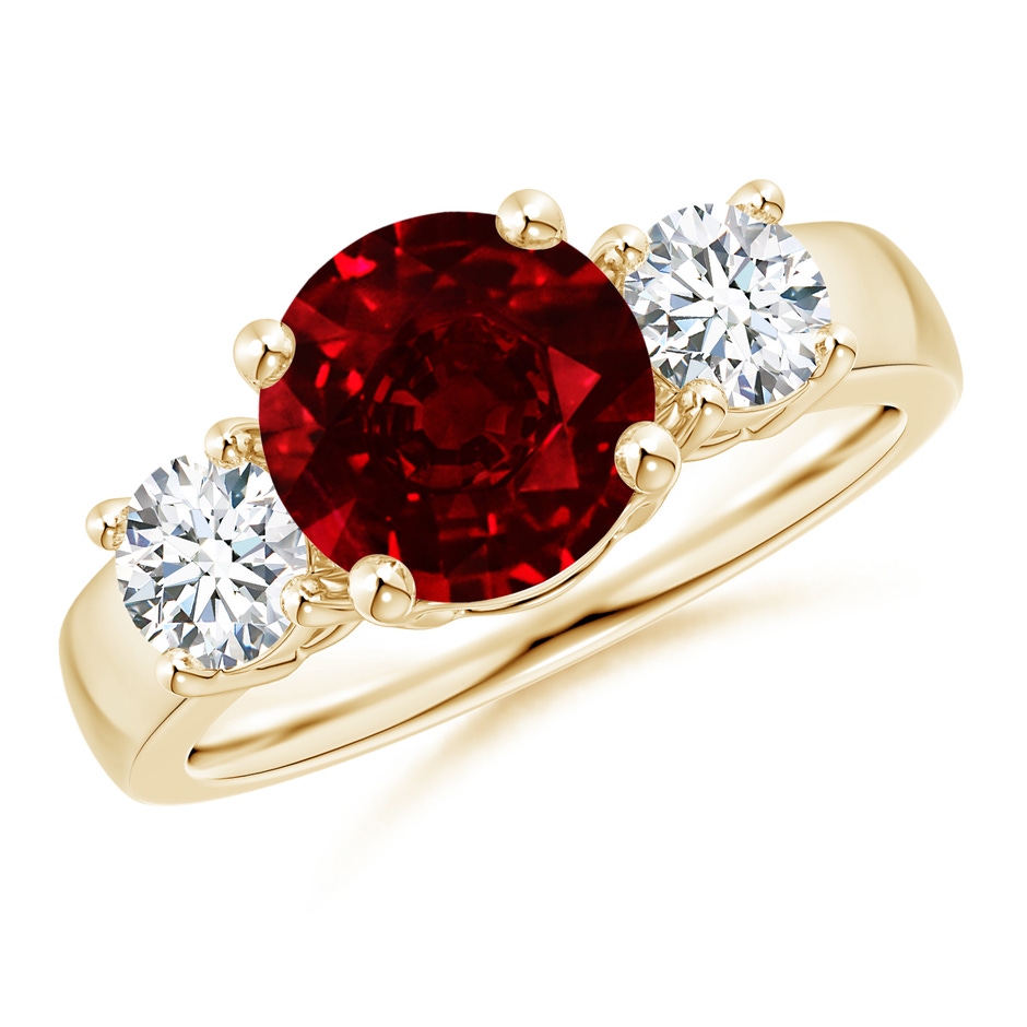 8mm AAAA Classic Ruby and Diamond Three Stone Engagement Ring in Yellow Gold 