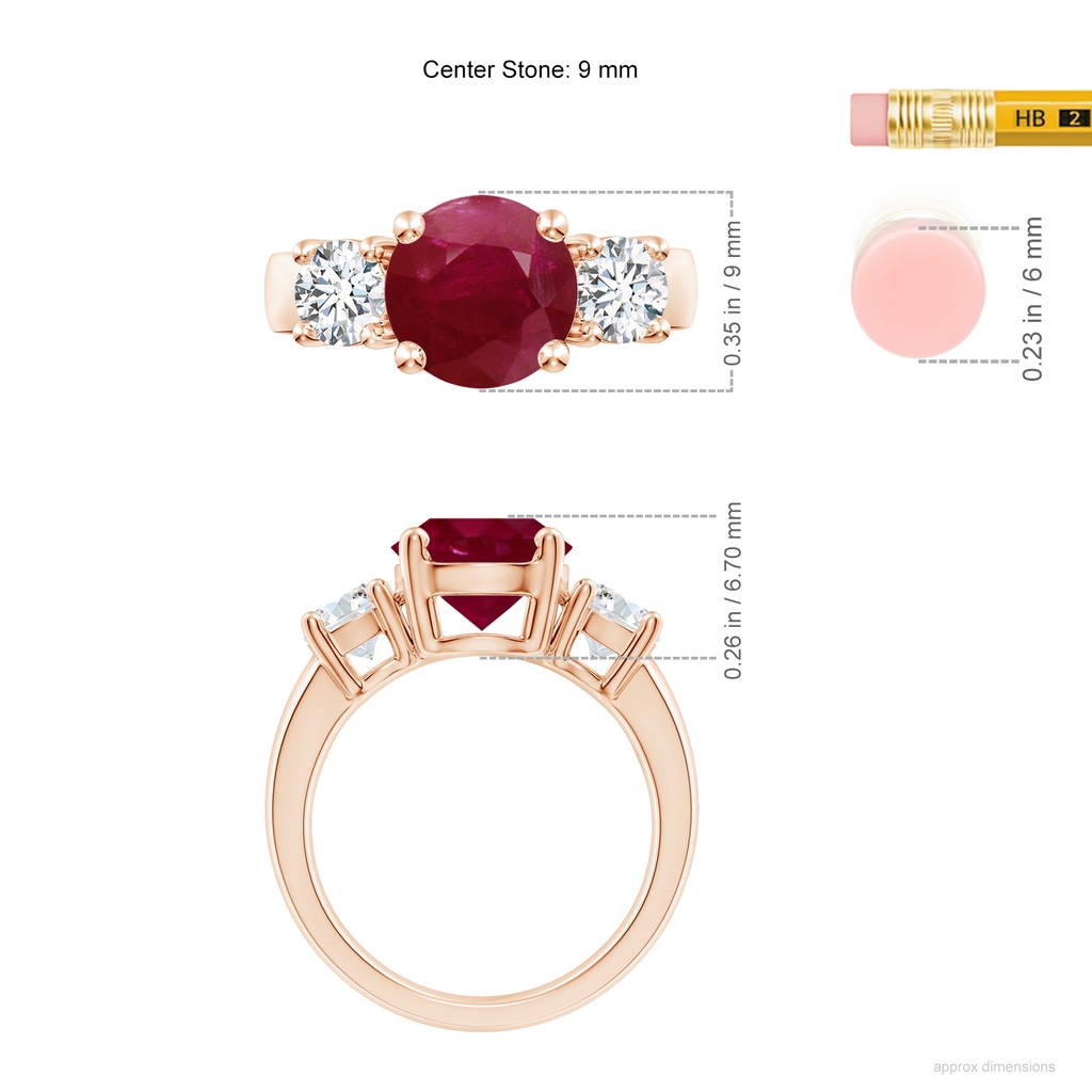 9mm A Classic Ruby and Diamond Three Stone Engagement Ring in Rose Gold ruler