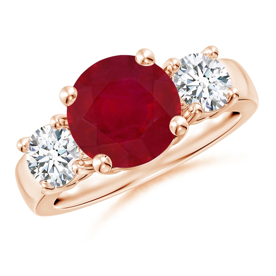9mm AA Classic Ruby and Diamond Three Stone Engagement Ring in Rose Gold 