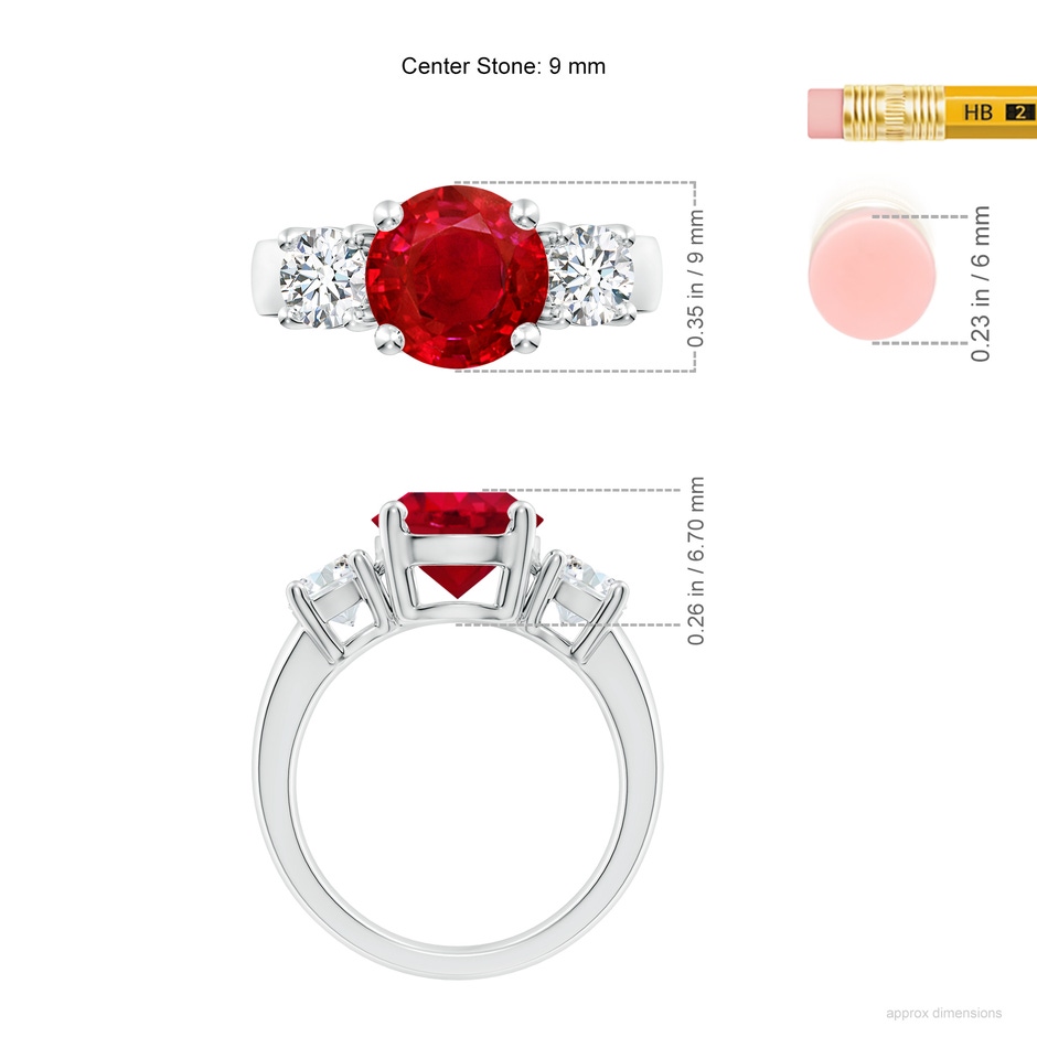 9mm AAA Classic Ruby and Diamond Three Stone Engagement Ring in P950 Platinum ruler