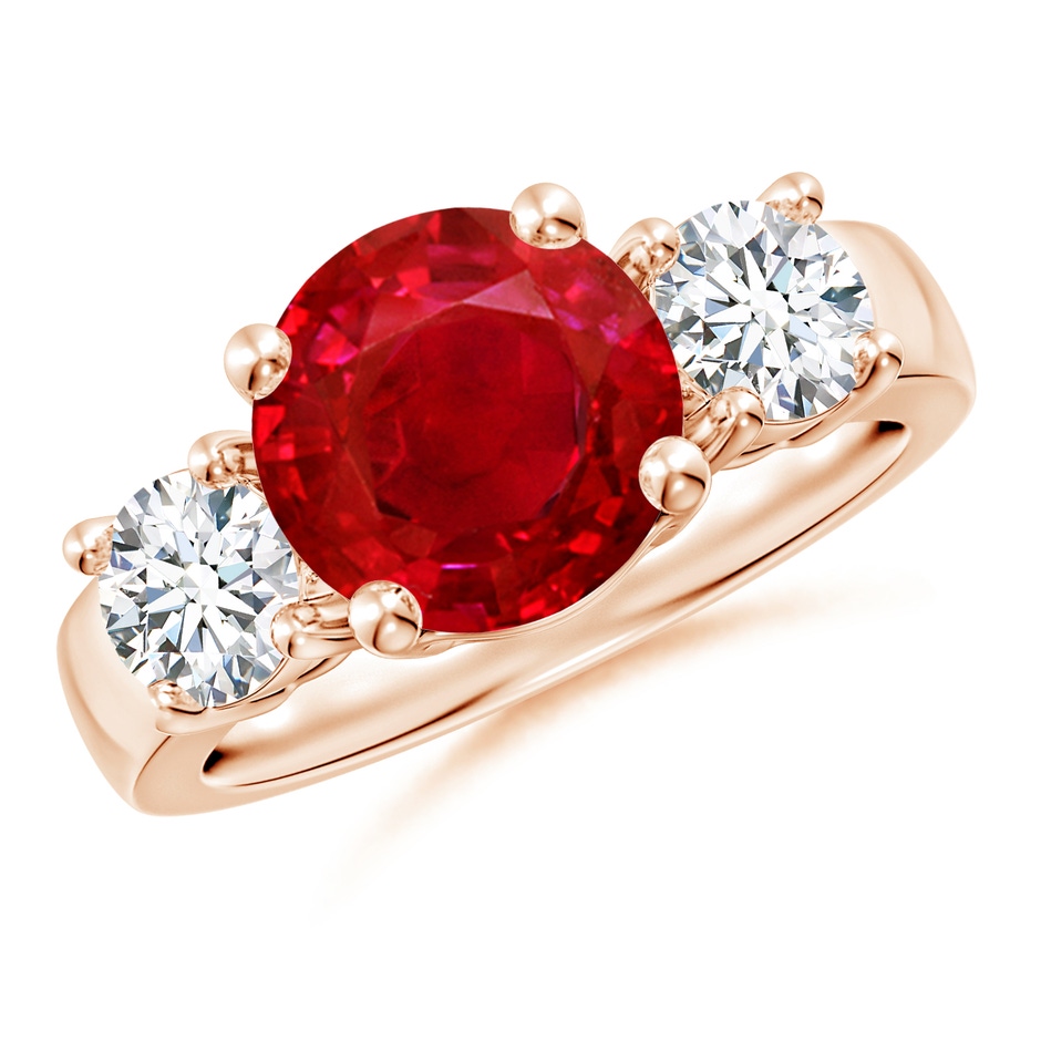 9mm AAA Classic Ruby and Diamond Three Stone Engagement Ring in Rose Gold 