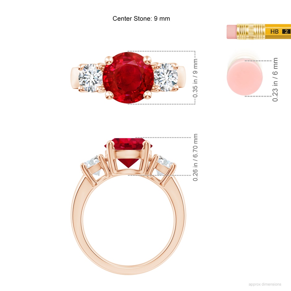 9mm AAA Classic Ruby and Diamond Three Stone Engagement Ring in Rose Gold ruler