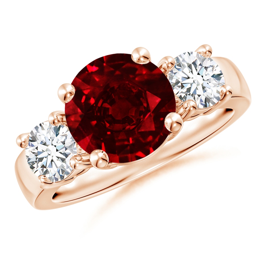 9mm AAAA Classic Ruby and Diamond Three Stone Engagement Ring in Rose Gold 