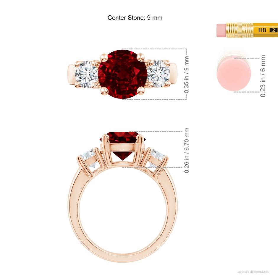9mm AAAA Classic Ruby and Diamond Three Stone Engagement Ring in Rose Gold ruler