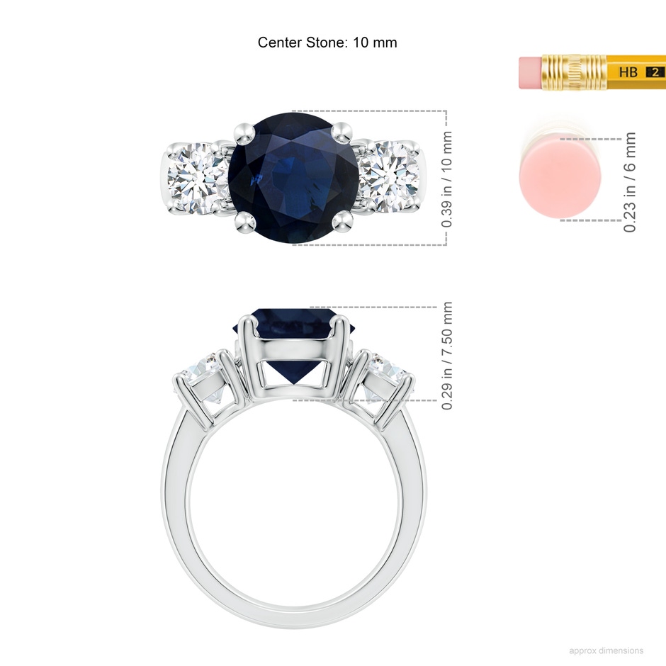 10mm A Classic Blue Sapphire and Diamond Three Stone Engagement Ring in P950 Platinum ruler
