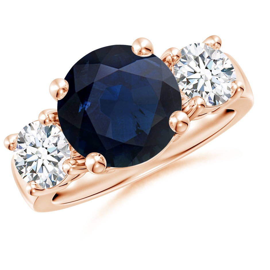 10mm A Classic Blue Sapphire and Diamond Three Stone Engagement Ring in Rose Gold 