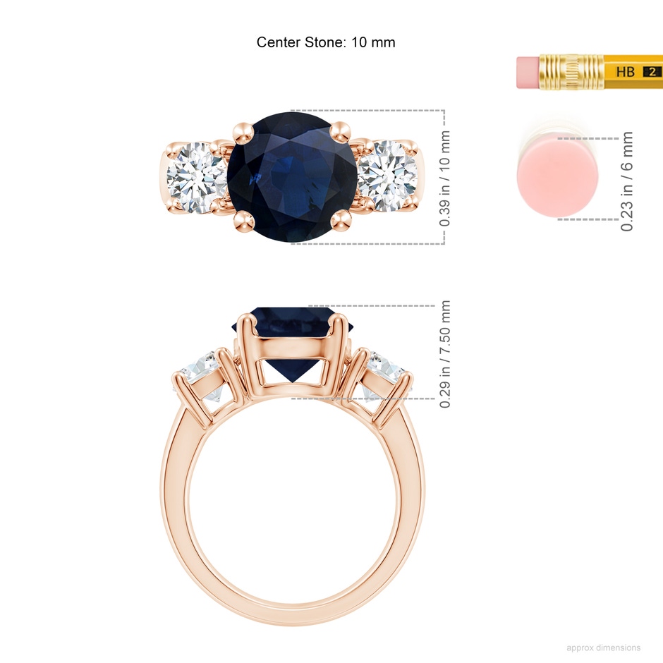 10mm A Classic Blue Sapphire and Diamond Three Stone Engagement Ring in Rose Gold ruler