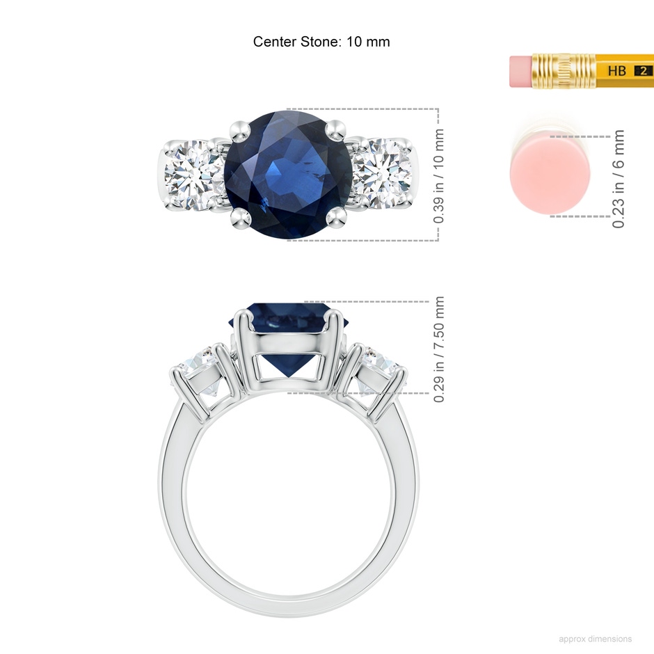 10mm AA Classic Blue Sapphire and Diamond Three Stone Engagement Ring in P950 Platinum ruler