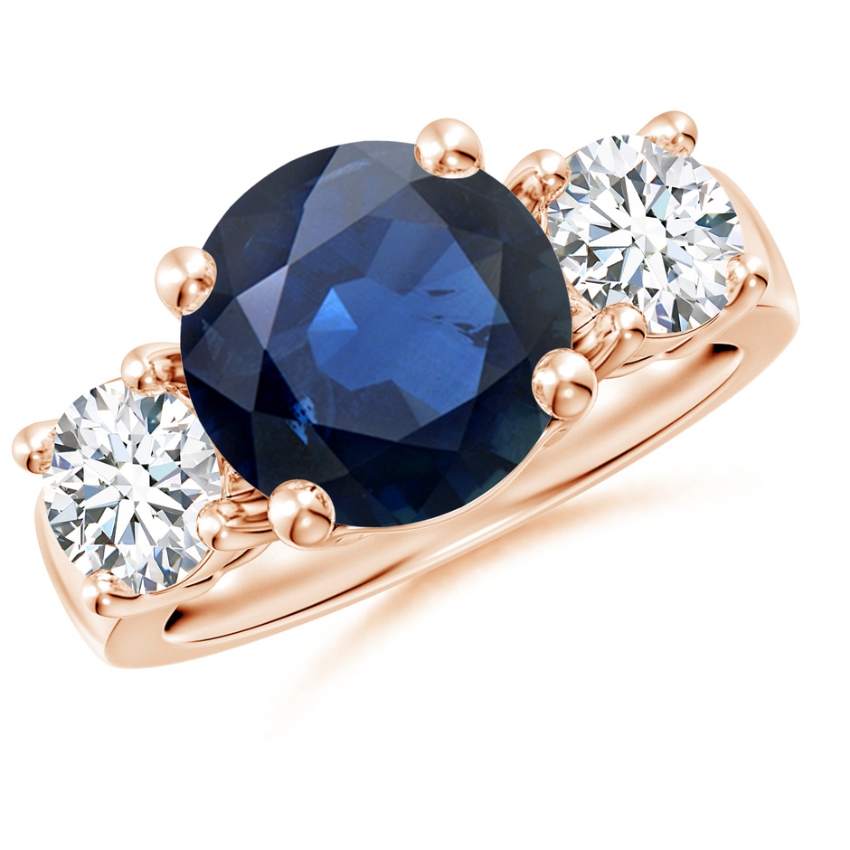 10mm AA Classic Blue Sapphire and Diamond Three Stone Engagement Ring in Rose Gold 
