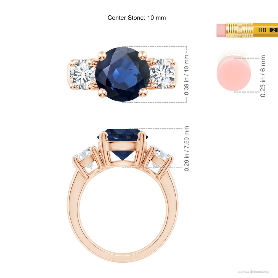 10mm AA Classic Blue Sapphire and Diamond Three Stone Engagement Ring in Rose Gold ruler