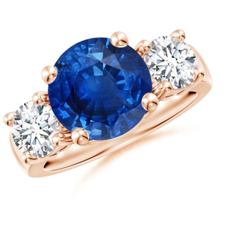 10mm AAA Classic Blue Sapphire and Diamond Three Stone Engagement Ring in Rose Gold