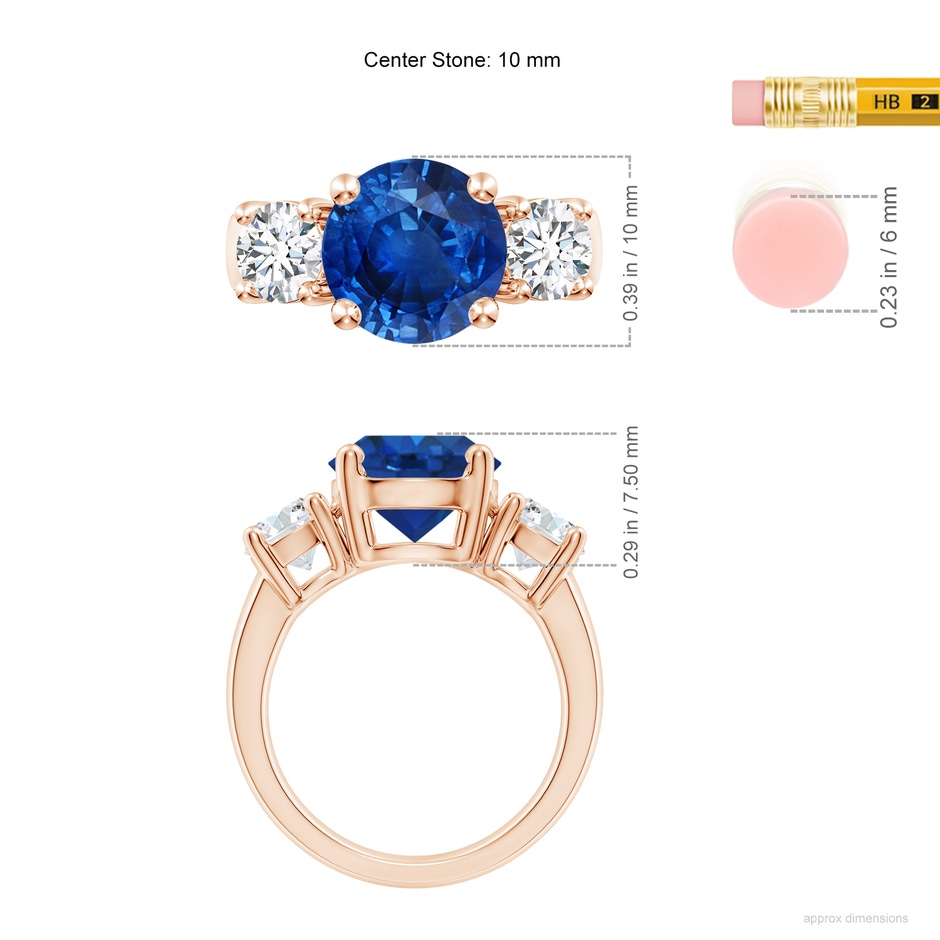 10mm AAA Classic Blue Sapphire and Diamond Three Stone Engagement Ring in Rose Gold ruler