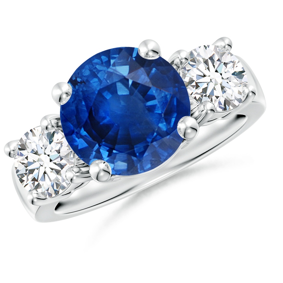 10mm AAA Classic Blue Sapphire and Diamond Three Stone Engagement Ring in White Gold 