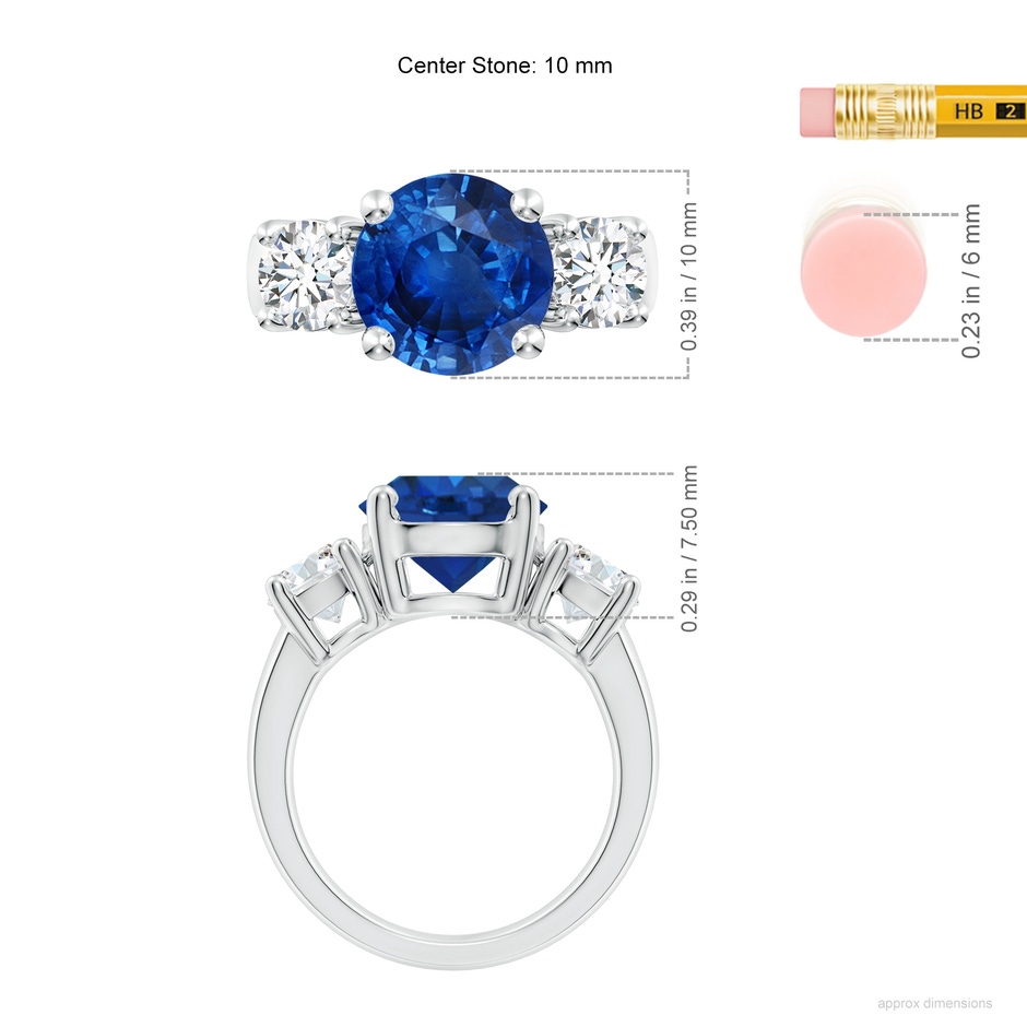 10mm AAA Classic Blue Sapphire and Diamond Three Stone Engagement Ring in White Gold ruler