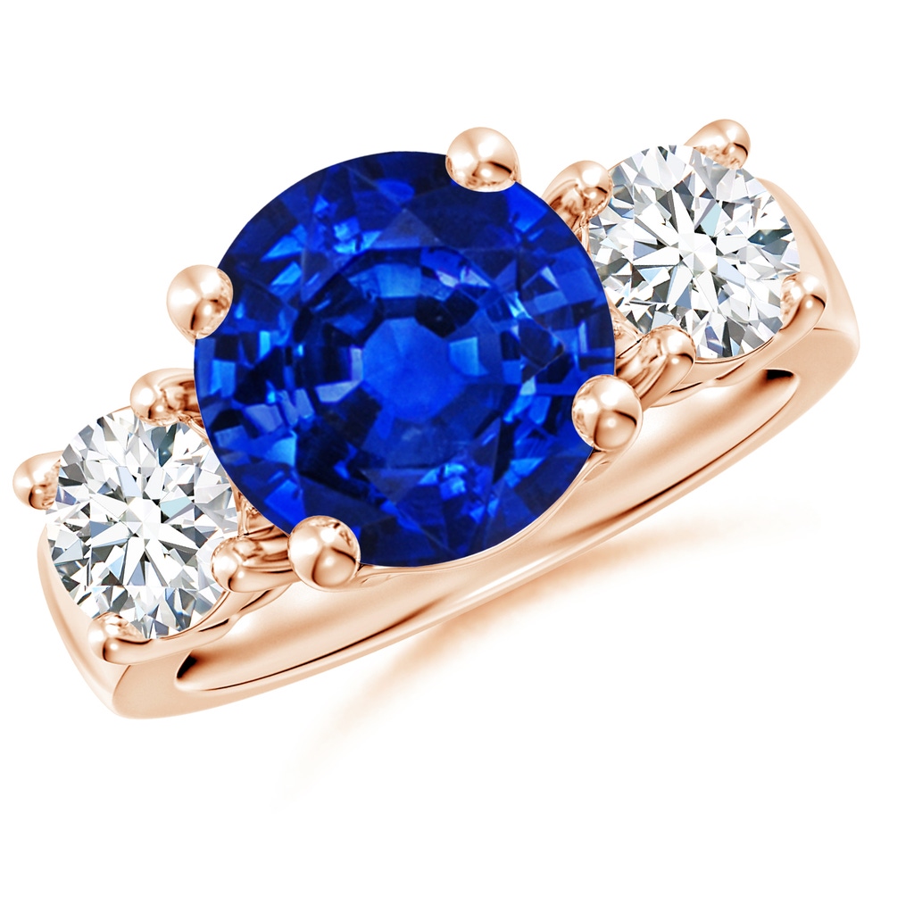 10mm Lab-Grown Classic Blue Sapphire and Diamond Three Stone Engagement Ring in Rose Gold