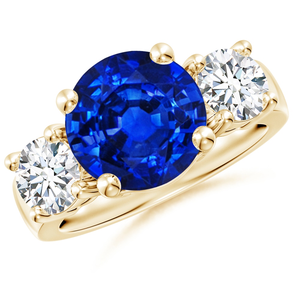 10mm Lab-Grown Classic Blue Sapphire and Diamond Three Stone Engagement Ring in Yellow Gold
