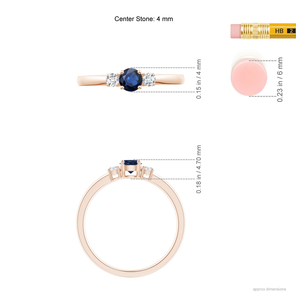 4mm AA Classic Blue Sapphire and Diamond Three Stone Engagement Ring in 9K Rose Gold ruler
