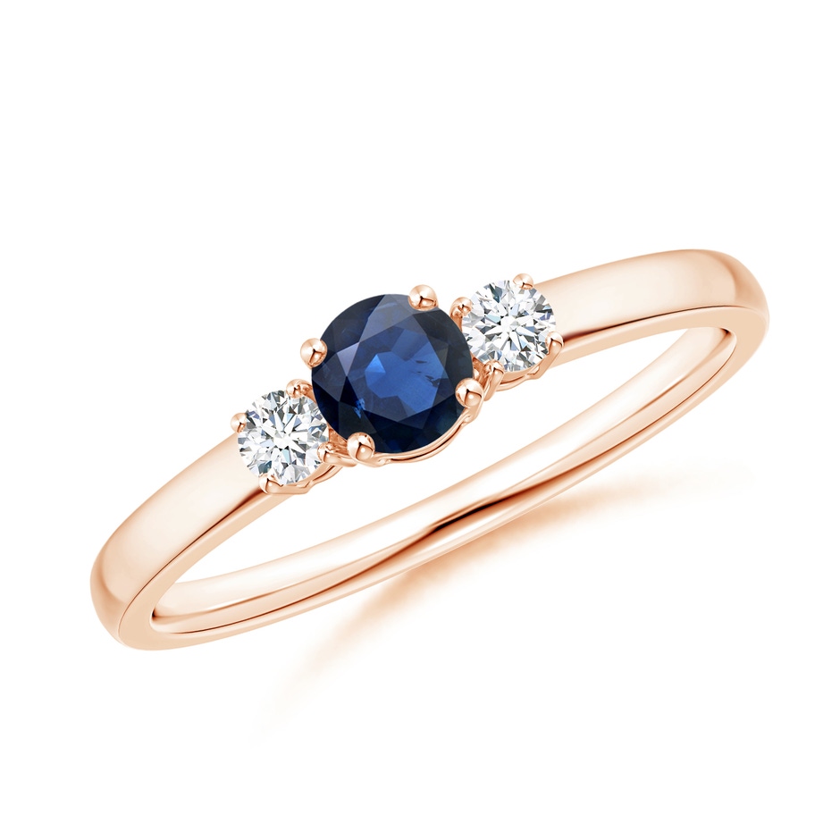 4mm AA Classic Blue Sapphire and Diamond Three Stone Engagement Ring in Rose Gold 