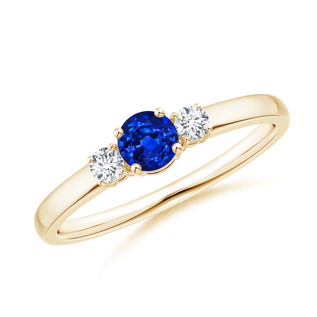 4mm AAAA Classic Blue Sapphire and Diamond Three Stone Engagement Ring in Yellow Gold