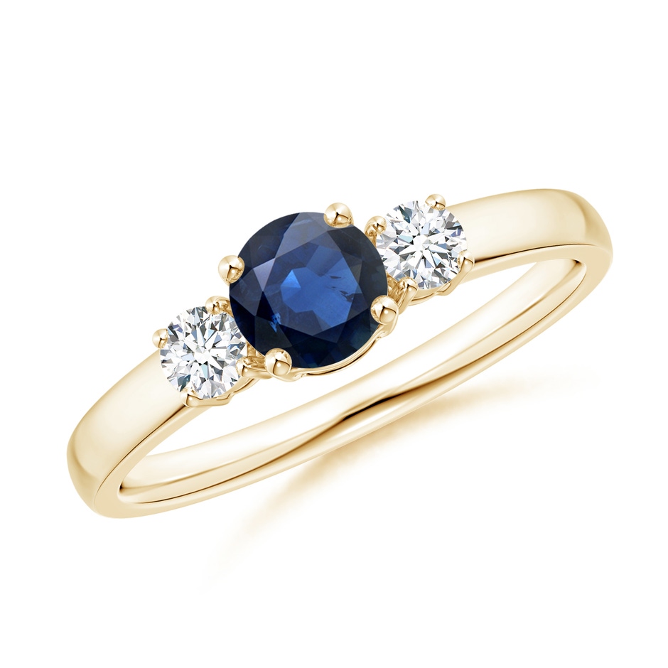 5mm AA Classic Blue Sapphire and Diamond Three Stone Engagement Ring in Yellow Gold 