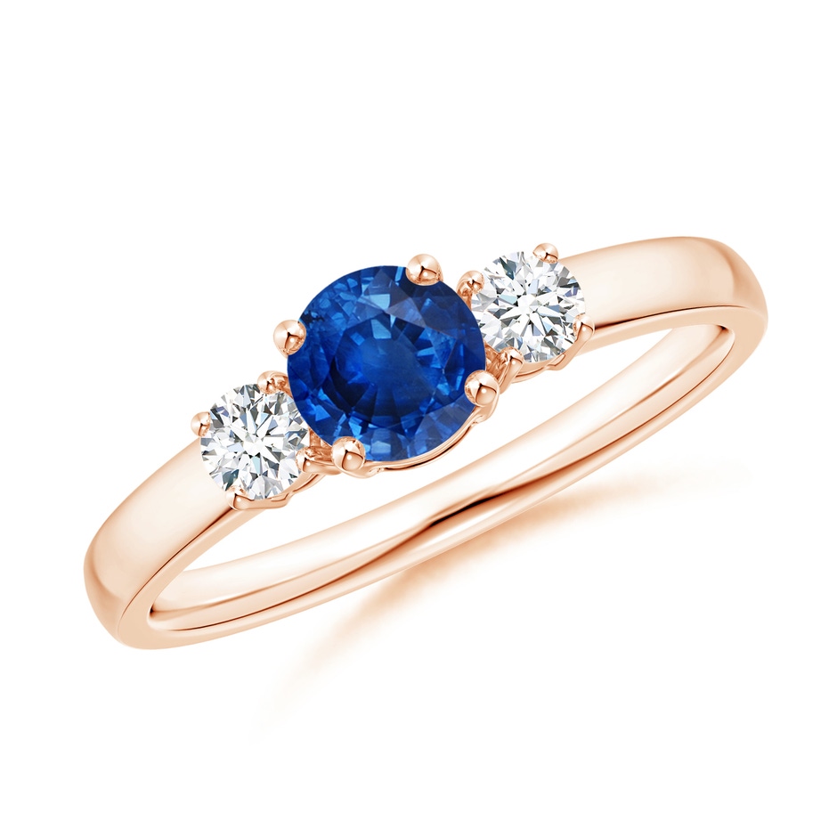 5mm AAA Classic Blue Sapphire and Diamond Three Stone Engagement Ring in Rose Gold 