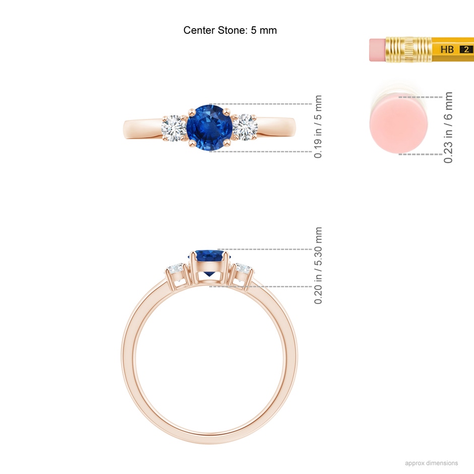 5mm AAA Classic Blue Sapphire and Diamond Three Stone Engagement Ring in Rose Gold ruler