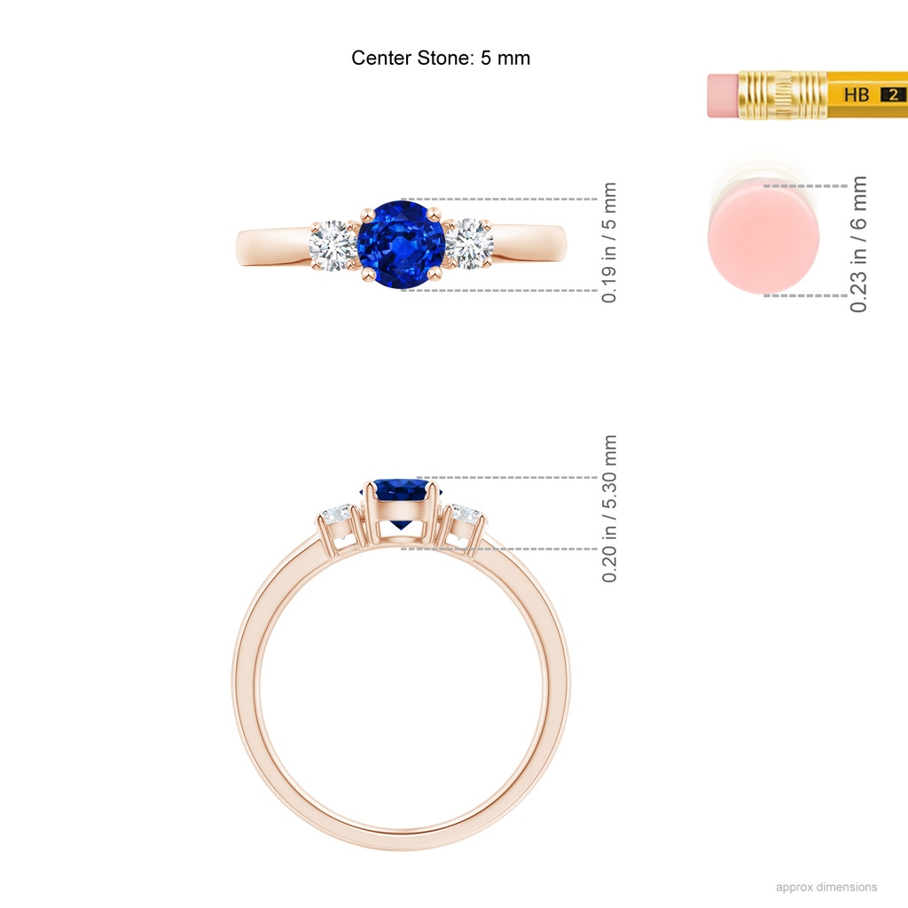 5mm AAAA Classic Blue Sapphire and Diamond Three Stone Engagement Ring in Rose Gold ruler