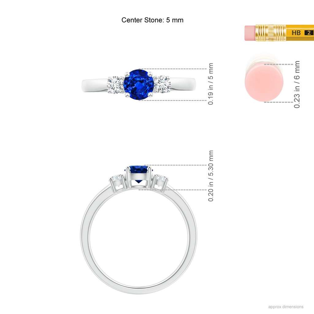 5mm AAAA Classic Blue Sapphire and Diamond Three Stone Engagement Ring in White Gold ruler