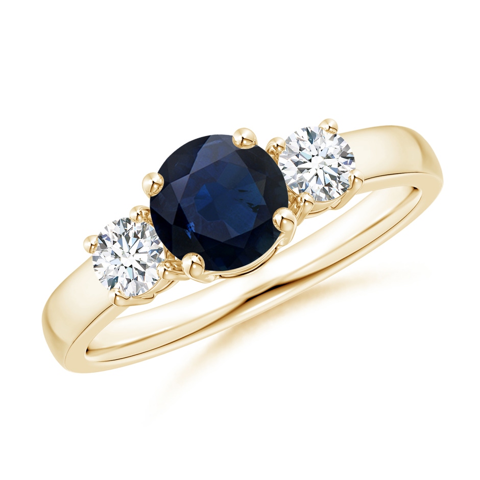 6mm A Classic Blue Sapphire and Diamond Three Stone Engagement Ring in Yellow Gold 