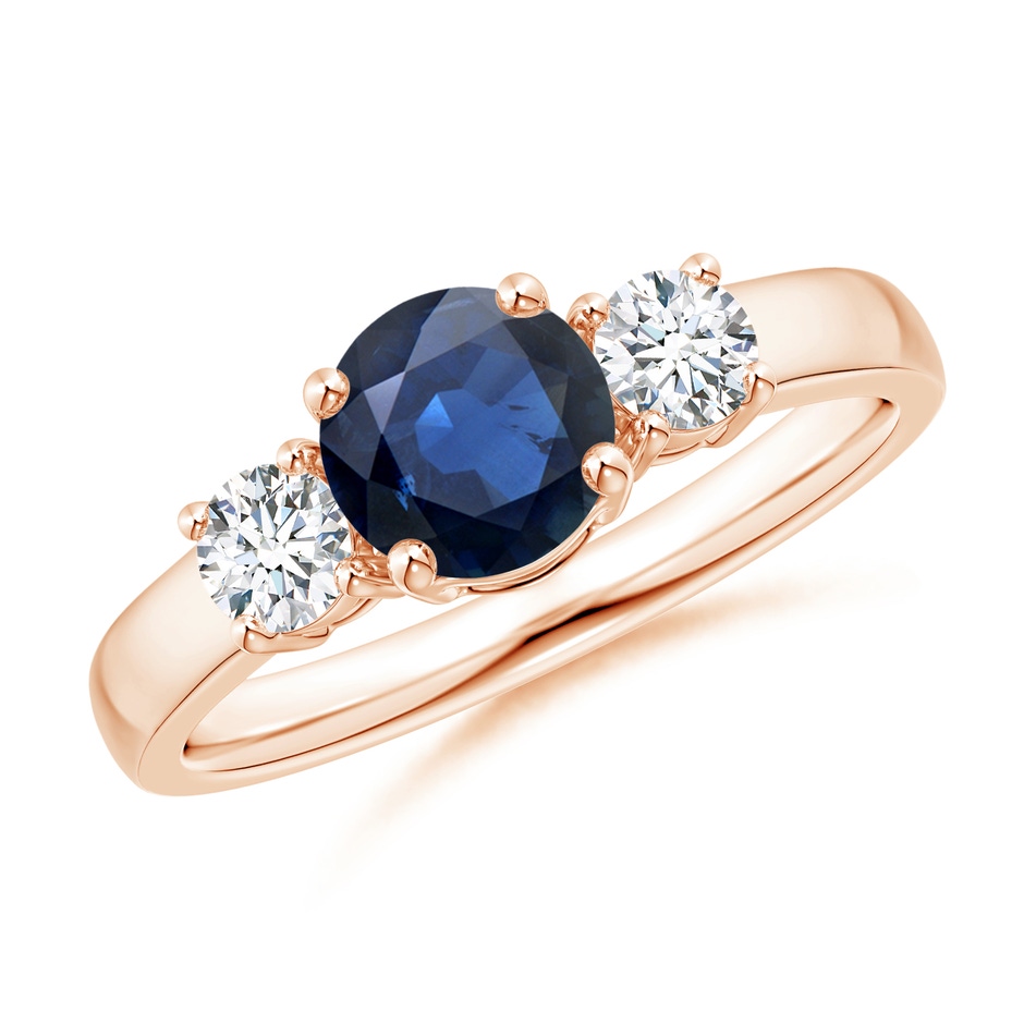 6mm AA Classic Blue Sapphire and Diamond Three Stone Engagement Ring in Rose Gold 