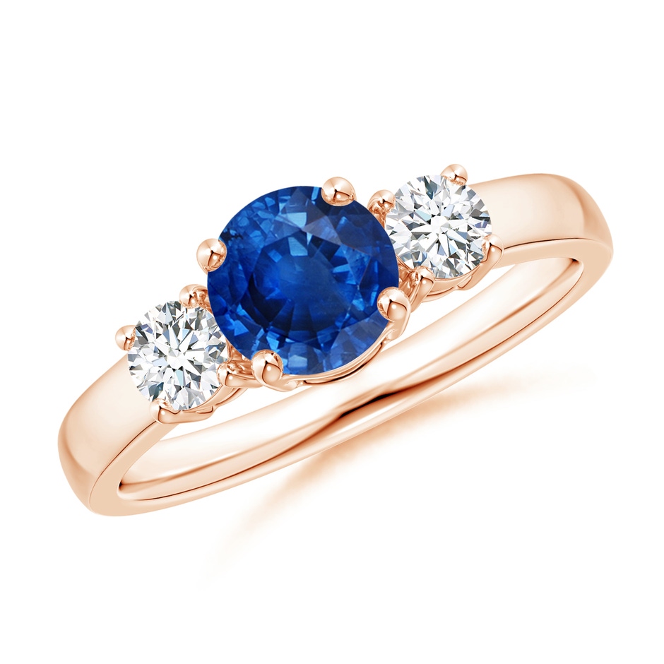 6mm AAA Classic Blue Sapphire and Diamond Three Stone Engagement Ring in Rose Gold 
