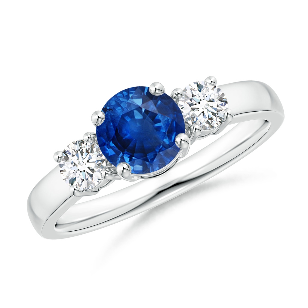 6mm AAA Classic Blue Sapphire and Diamond Three Stone Engagement Ring in White Gold