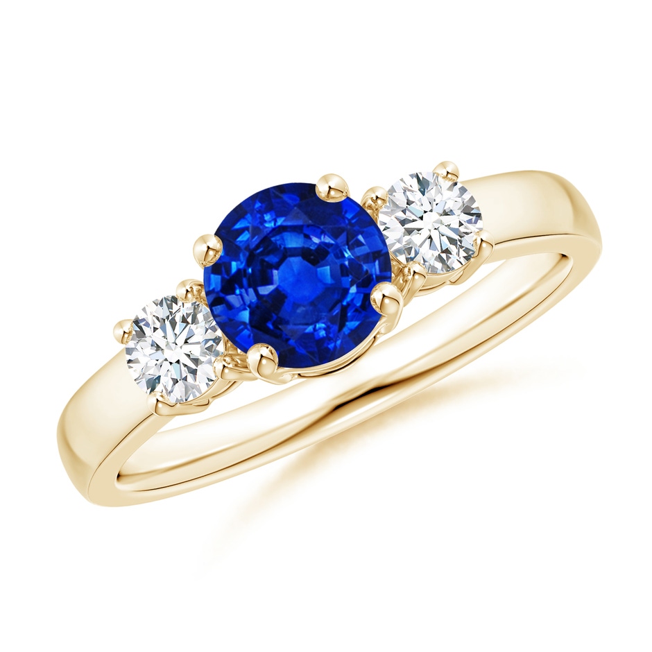 6mm Lab-Grown Classic Blue Sapphire and Diamond Three Stone Engagement Ring in Yellow Gold 
