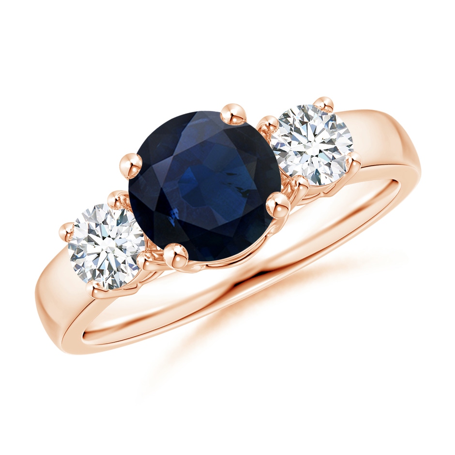 7mm A Classic Blue Sapphire and Diamond Three Stone Engagement Ring in Rose Gold 