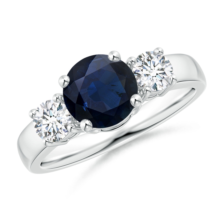 7mm A Classic Blue Sapphire and Diamond Three Stone Engagement Ring in White Gold 