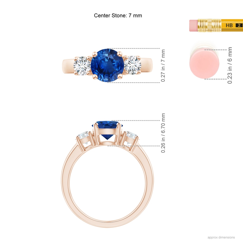 7mm AAA Classic Blue Sapphire and Diamond Three Stone Engagement Ring in 10K Rose Gold ruler