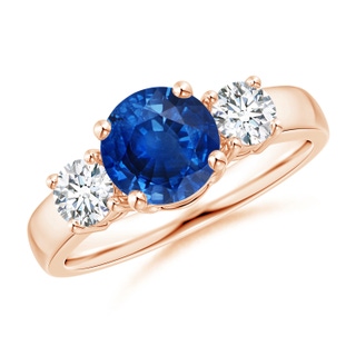 7mm AAA Classic Blue Sapphire and Diamond Three Stone Engagement Ring in Rose Gold
