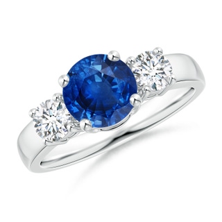 7mm AAA Classic Blue Sapphire and Diamond Three Stone Engagement Ring in White Gold