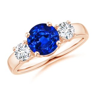 7mm AAAA Classic Blue Sapphire and Diamond Three Stone Engagement Ring in 10K Rose Gold