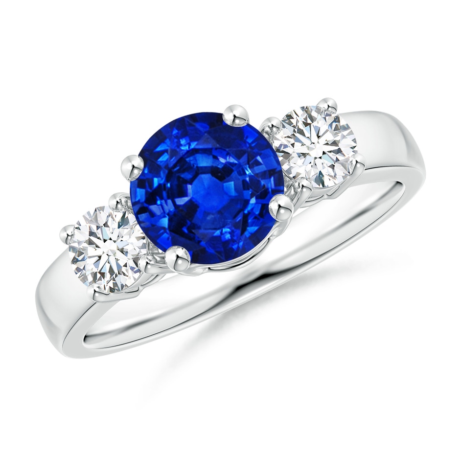 7mm AAAA Classic Blue Sapphire and Diamond Three Stone Engagement Ring in White Gold 