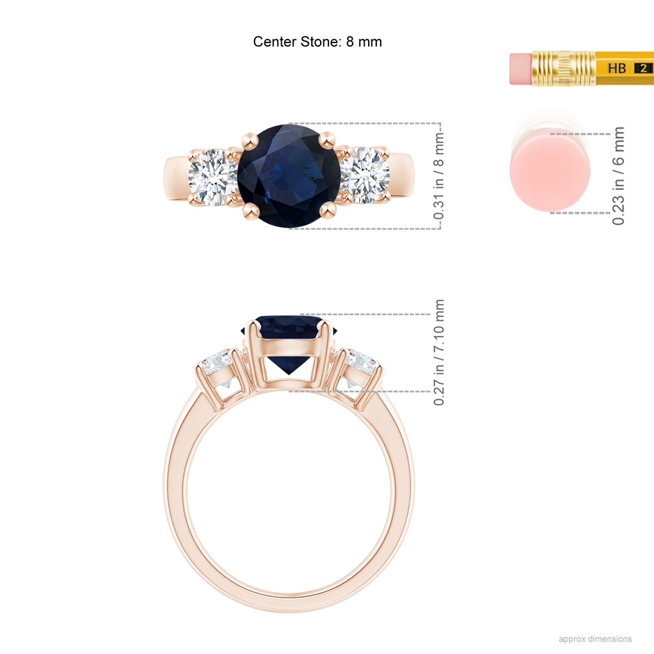 8mm A Classic Blue Sapphire and Diamond Three Stone Engagement Ring in Rose Gold ruler