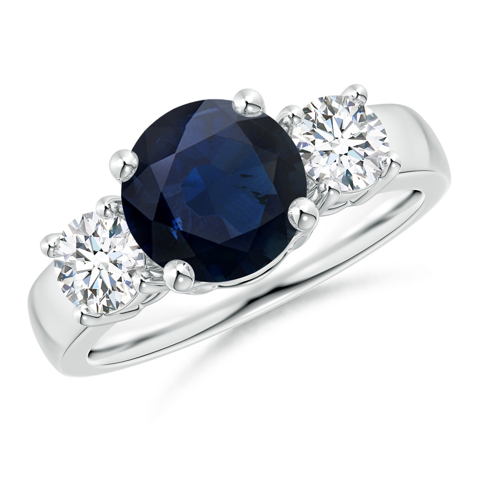 8mm A Classic Blue Sapphire and Diamond Three Stone Engagement Ring in White Gold 