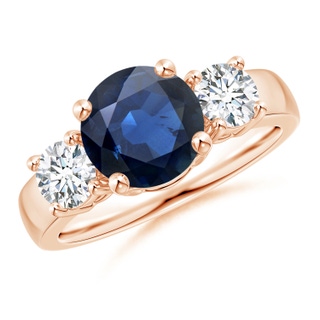 8mm AA Classic Blue Sapphire and Diamond Three Stone Engagement Ring in 10K Rose Gold