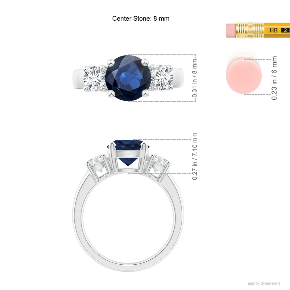 8mm AA Classic Blue Sapphire and Diamond Three Stone Engagement Ring in P950 Platinum ruler