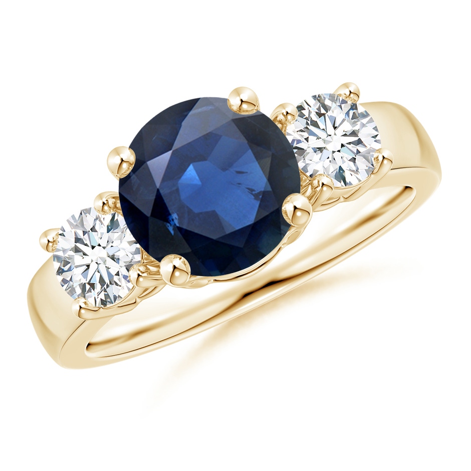 8mm AA Classic Blue Sapphire and Diamond Three Stone Engagement Ring in Yellow Gold 